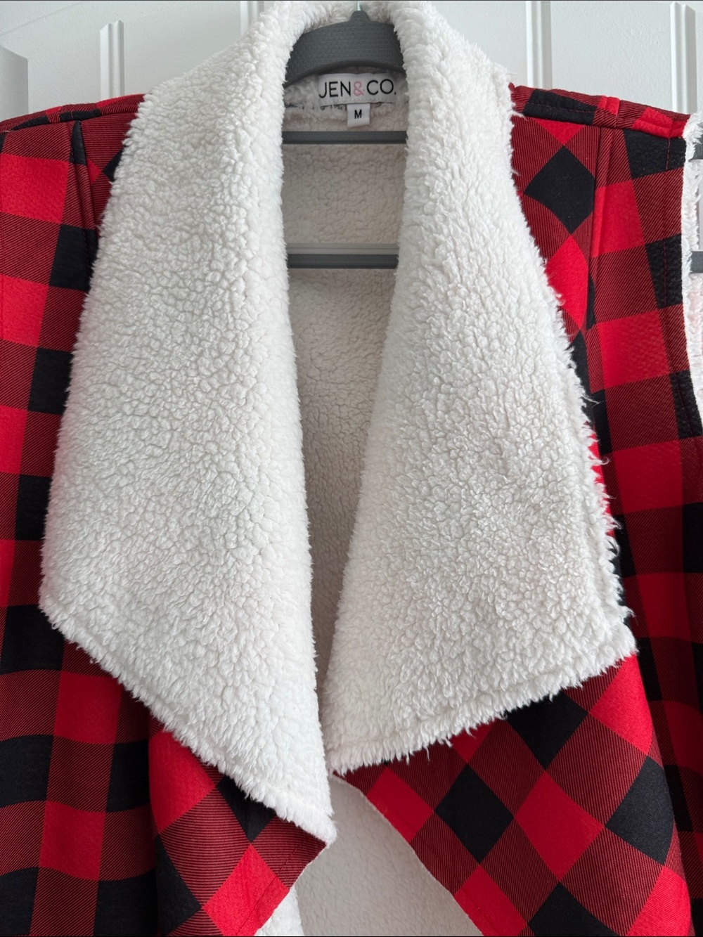 Jen & Co Red Black Buffalo Plaid Faux Sherpa Vest